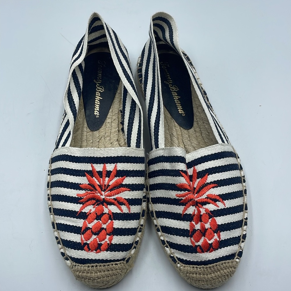 TOMMY BAHAMA Pineapple Navy White Stripe Espadrille Shoes size 9 woven slip on